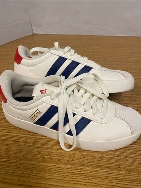 adidas White Sneakers with Blue Stripes and Red Heel Accent